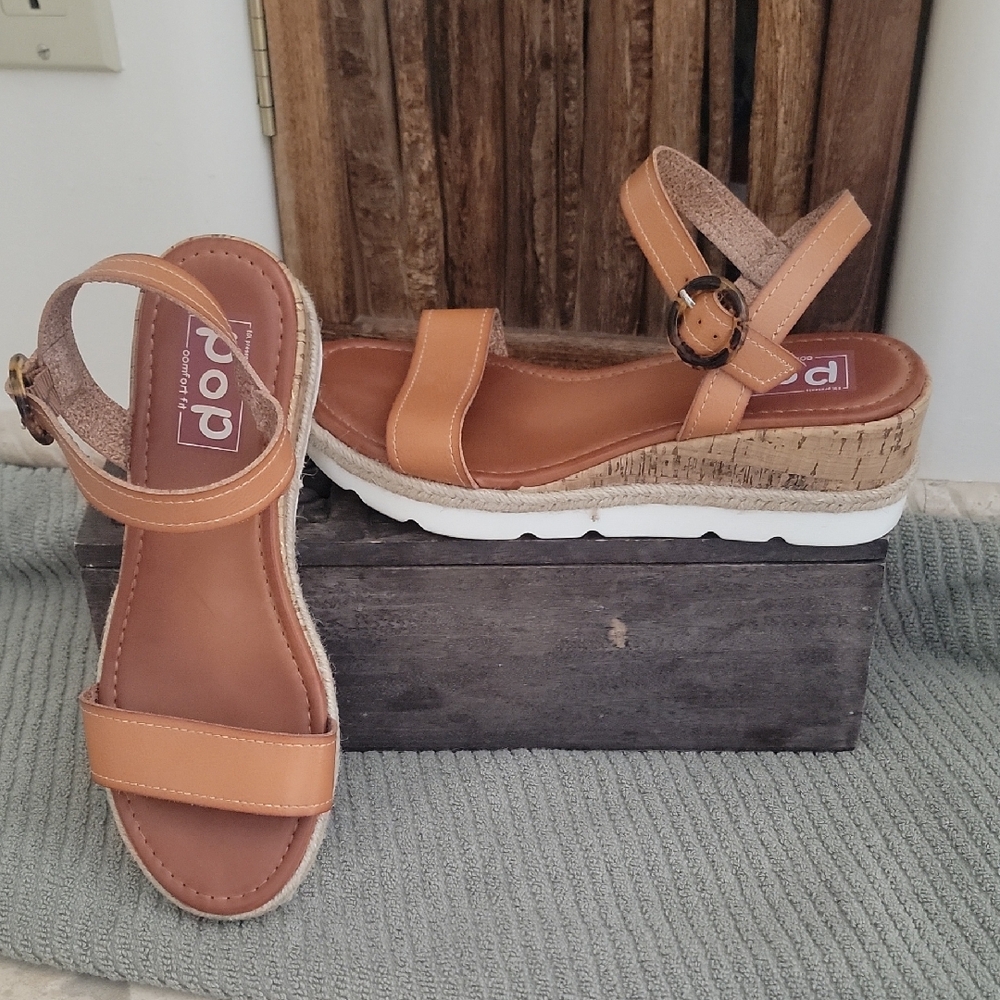Pop Tan Wedge Sandals with Cork Platform